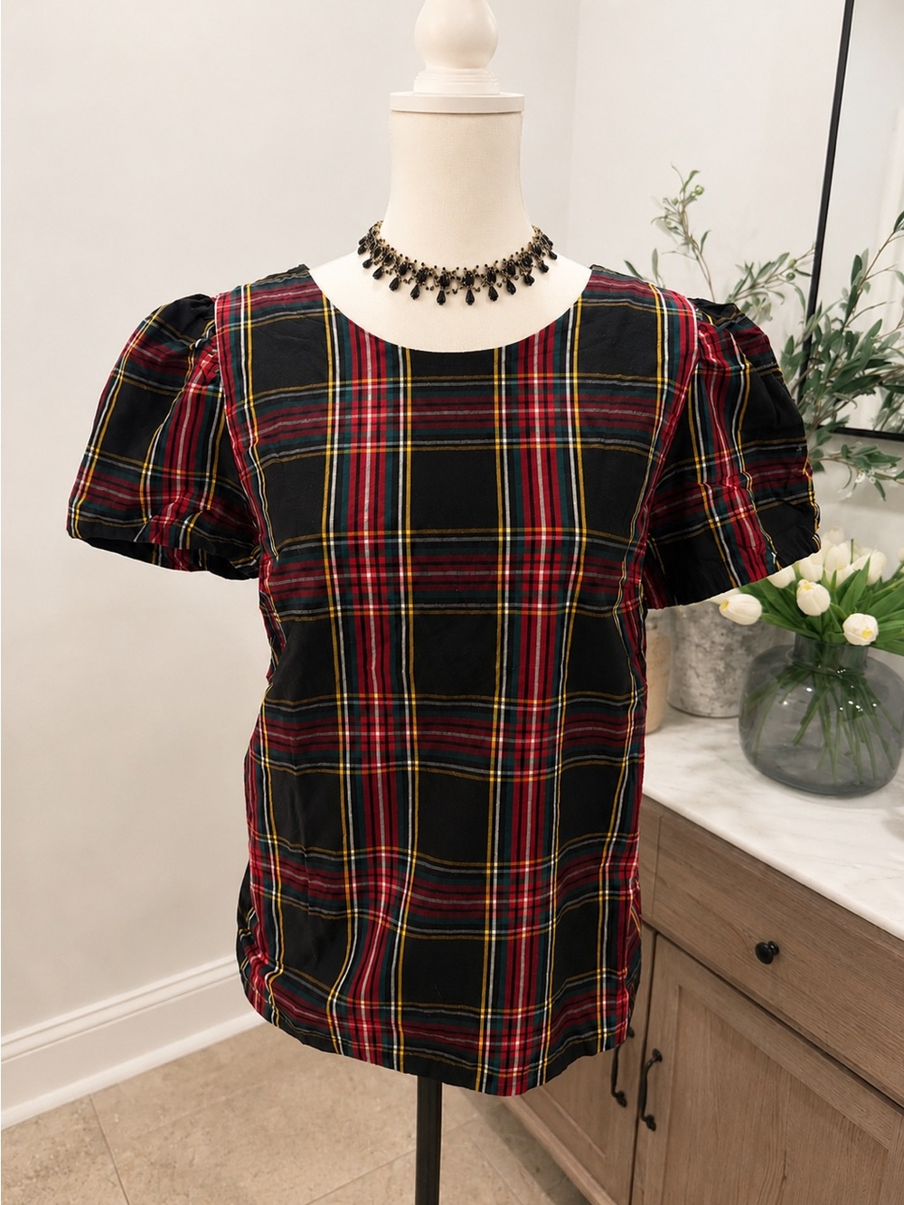 J. Crew Black Plaid Shirt with Red and Green Stripes
